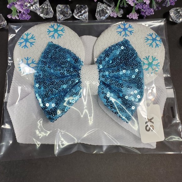 Frozen Hair Accessories with Blue Snow Flakes Mouse Ears Turban White Headband - Picture 9 of 9